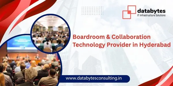Modern boardroom with video conferencing systems and interactive displays in Hyderabad.